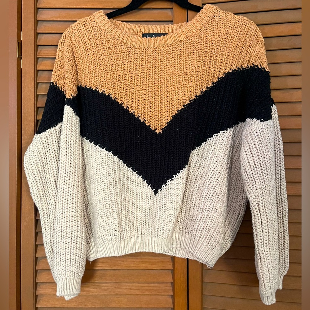 Lulus Autumn Leaves Tan Multi Chevron Stripe Knit Sweater Size Small
